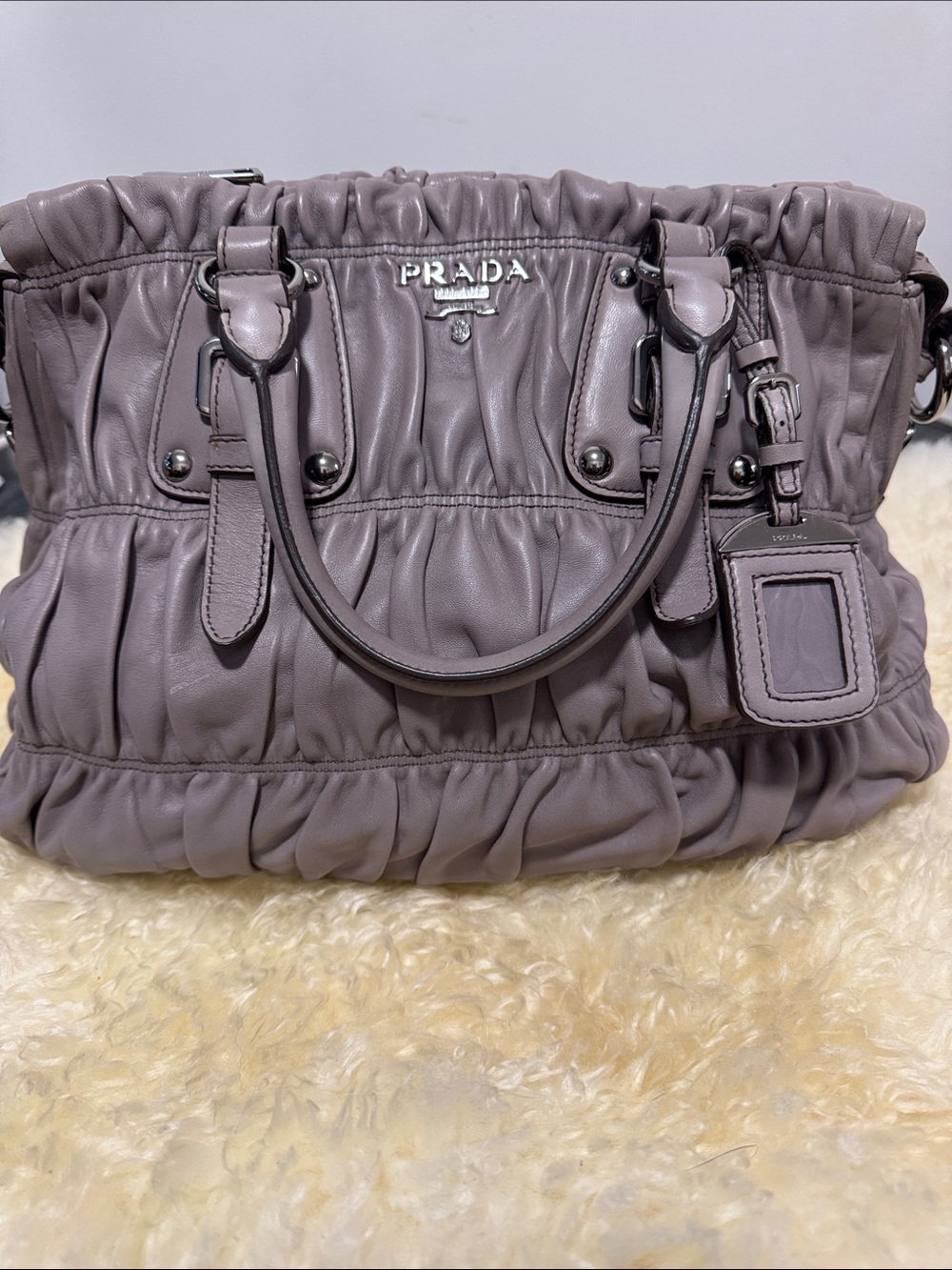 Prada Dusty Lavender Ruched Leather Shoulder Bag